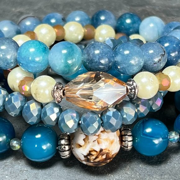 "The Kai" Beaded Bracelet Stack Semi Precious Chunky Agate Jade Shell Pearl New! - Picture 4 of 11